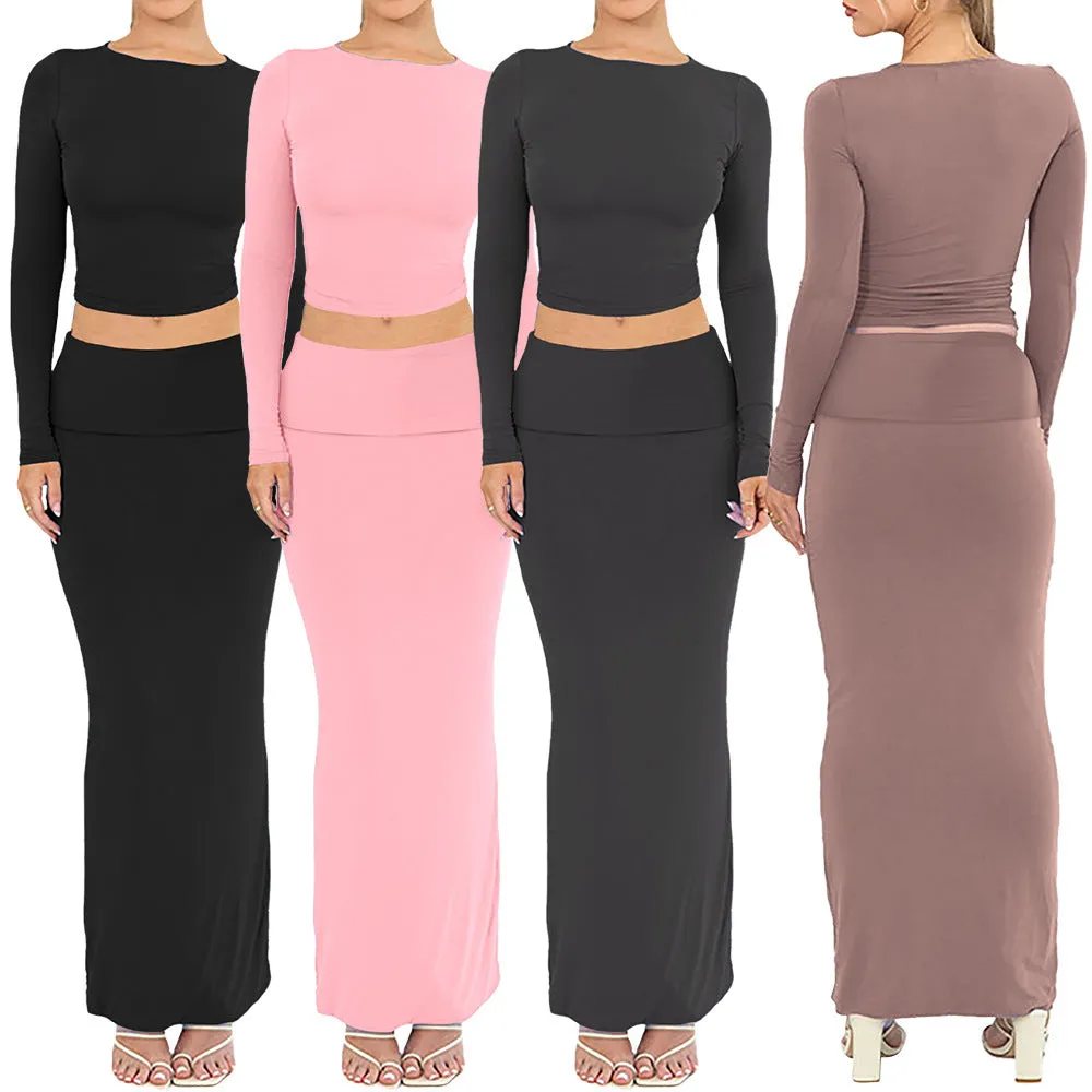 Women's slim fit autumn two-piece suit with three-quarter sleeves and long skirt