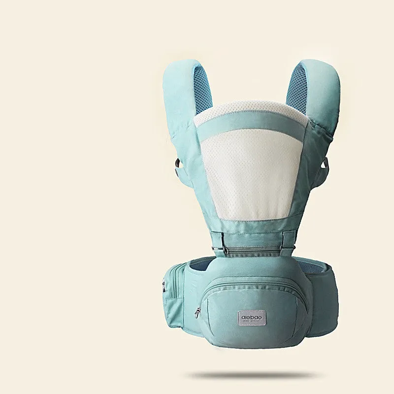 Baby carrying waist stool in mint blue for children aged 3 to 36 months