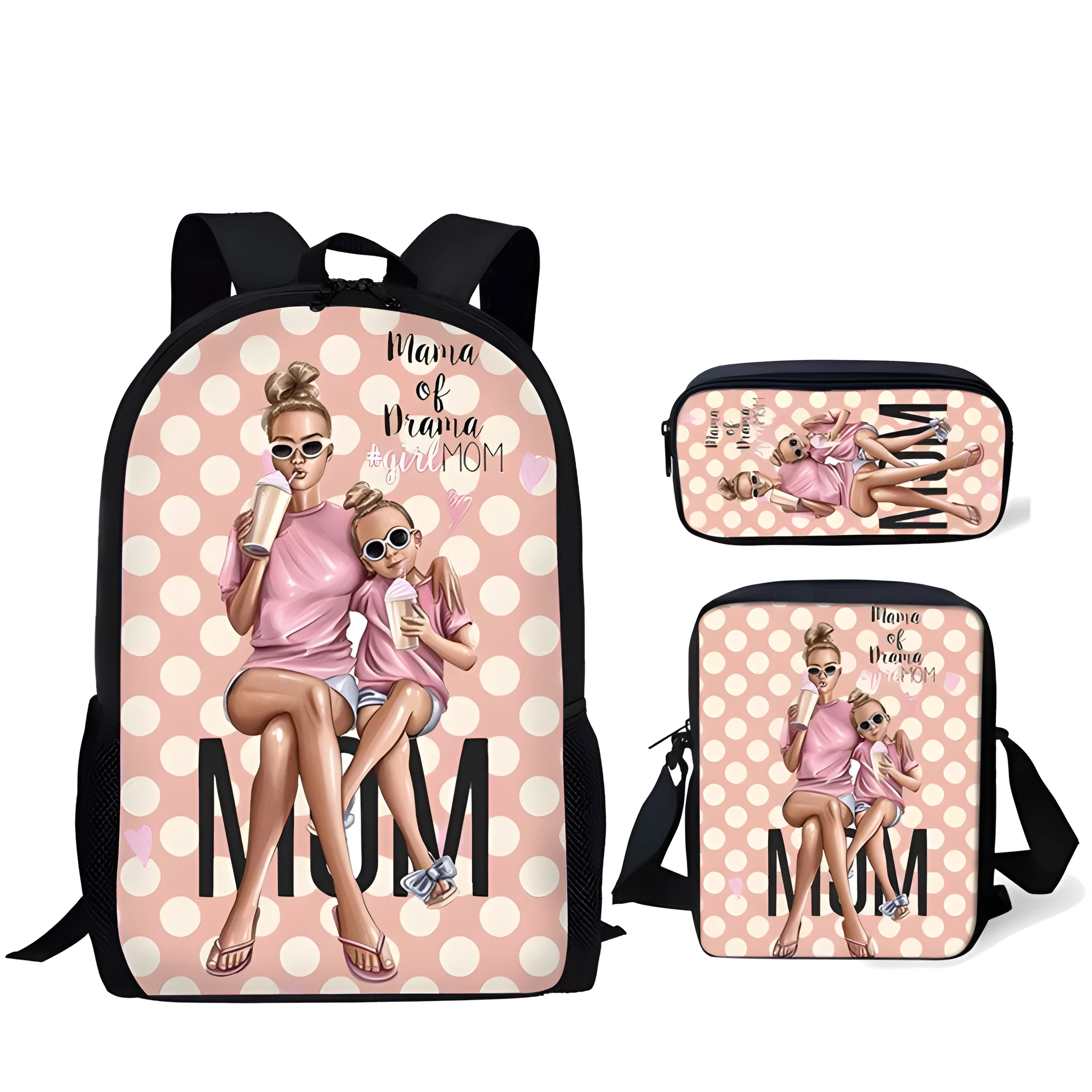 Three-piece printed polyester student backpack set with diagonal bag, medium 36-55L, double straps, shoulder pads, soft handle