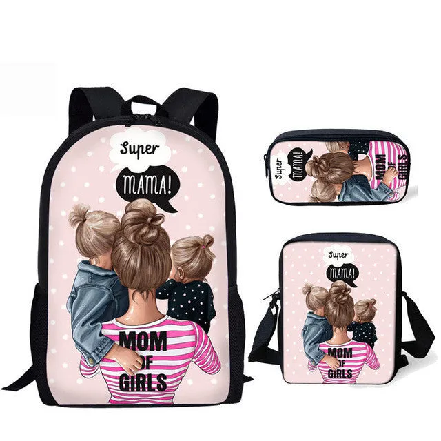 Three-piece printed polyester student backpack set with diagonal bag, medium 36-55L, double straps, shoulder pads, soft handle