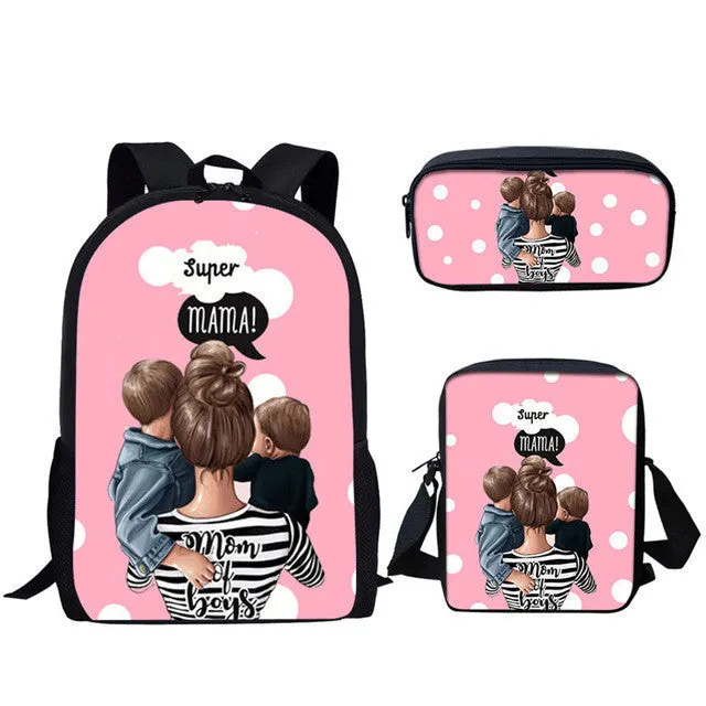 Three-piece printed polyester student backpack set with diagonal bag, medium 36-55L, double straps, shoulder pads, soft handle