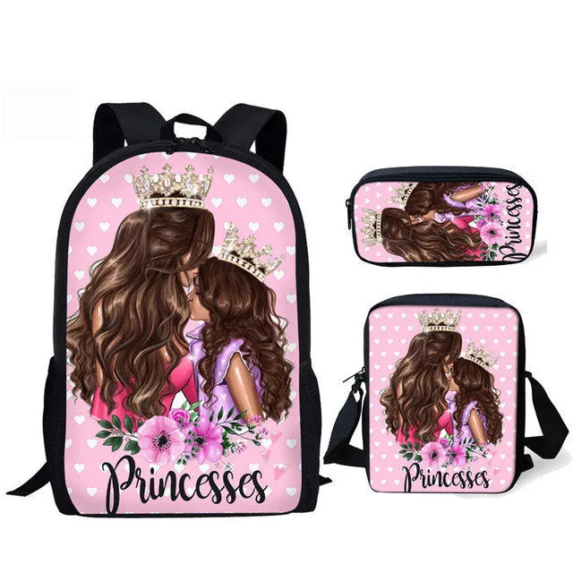 Three-piece printed polyester student backpack set with diagonal bag, medium 36-55L, double straps, shoulder pads, soft handle