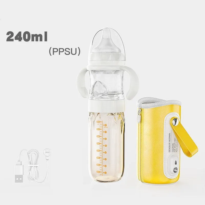 Baby constant temperature glass feeding bottle with USB heating sleeve and handle 240ml