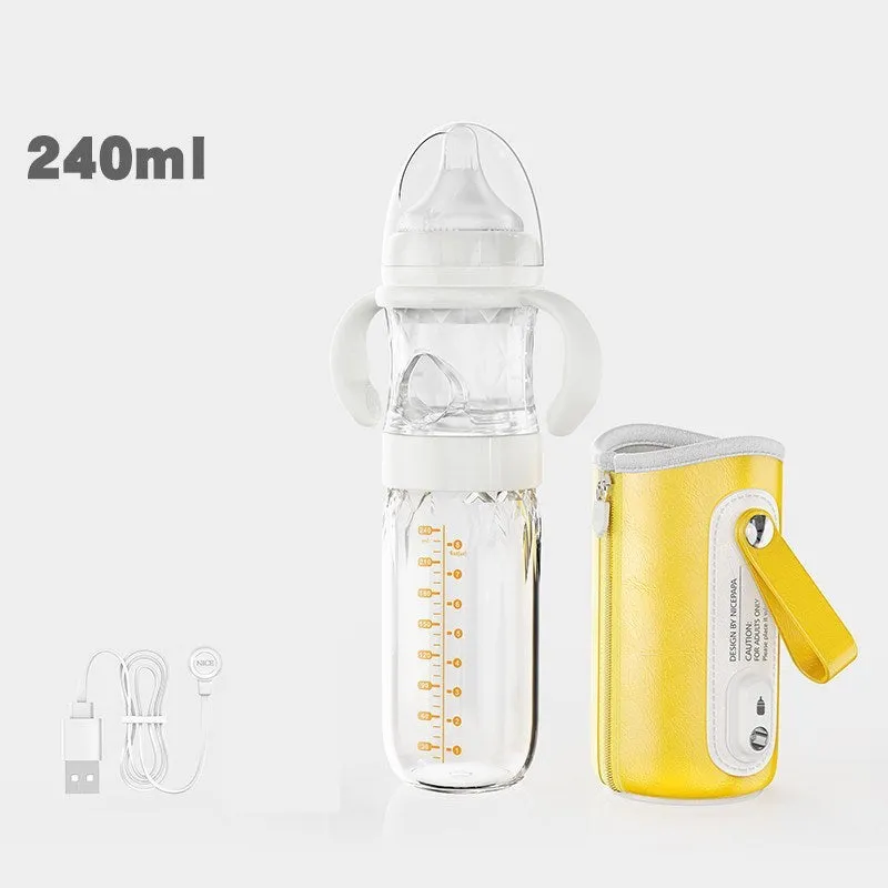 Baby constant temperature glass feeding bottle with USB heating sleeve and handle 240ml
