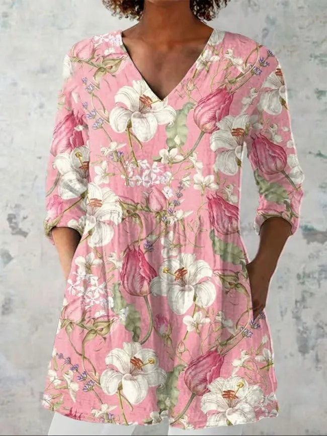 Women's retro-style slim fit long-sleeved top with a printed pattern, shown in a selected colour.