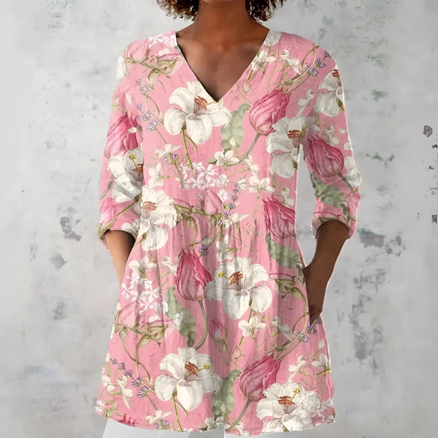 Women's retro-style slim fit long-sleeved top with a printed pattern, shown in a selected colour.