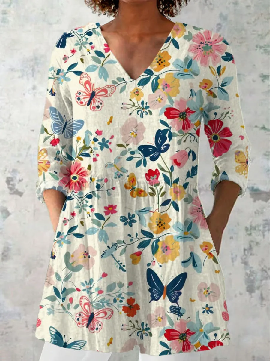 Women's retro-style slim fit long-sleeved top with a printed pattern, shown in a selected colour.