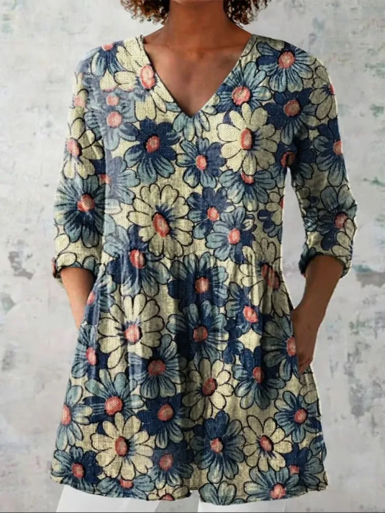 Women's retro-style slim fit long-sleeved top with a printed pattern, shown in a selected colour.