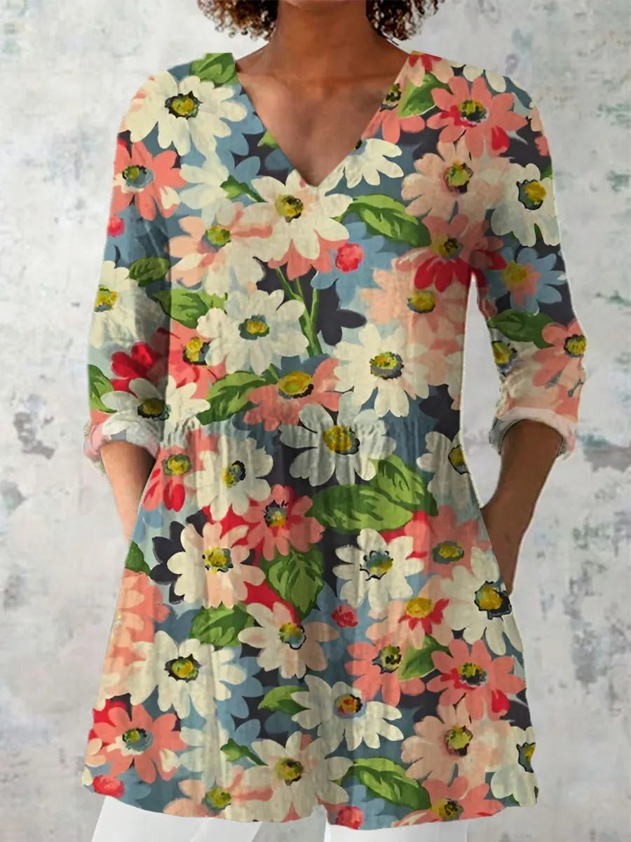 Women's retro-style slim fit long-sleeved top with a printed pattern, shown in a selected colour.