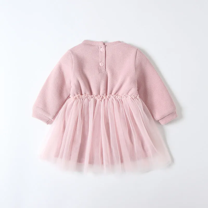 Baby girl pink plus velvet dress with long sleeves and mesh detail