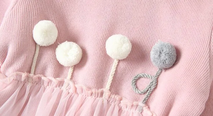 Baby girl pink plus velvet dress with long sleeves and mesh detail