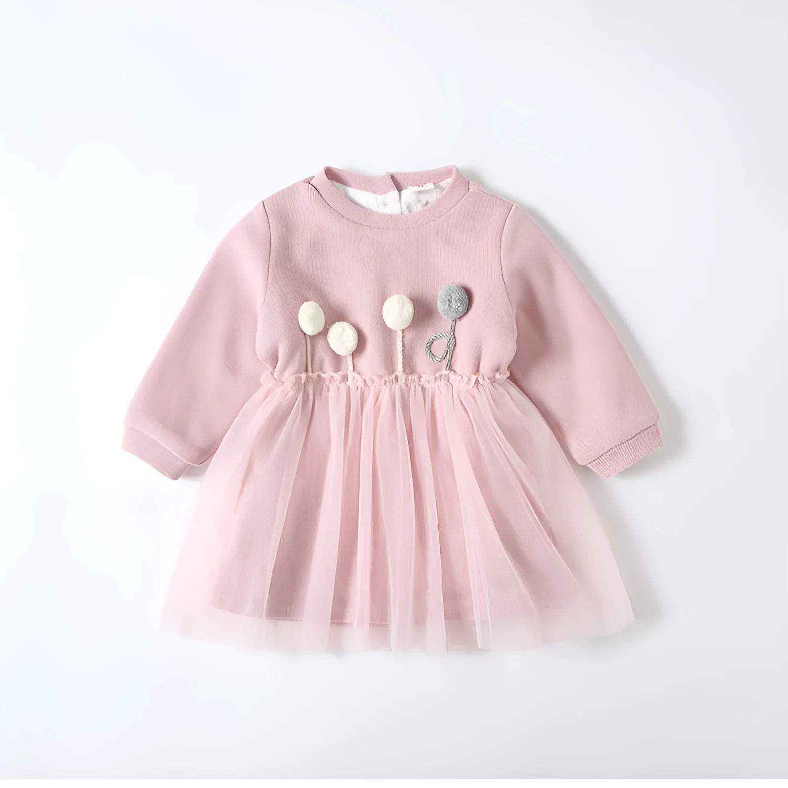 Baby girl pink plus velvet dress with long sleeves and mesh detail