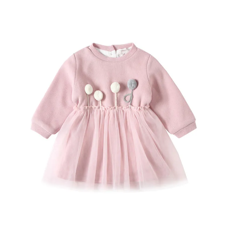 Baby girl pink plus velvet dress with long sleeves and mesh detail