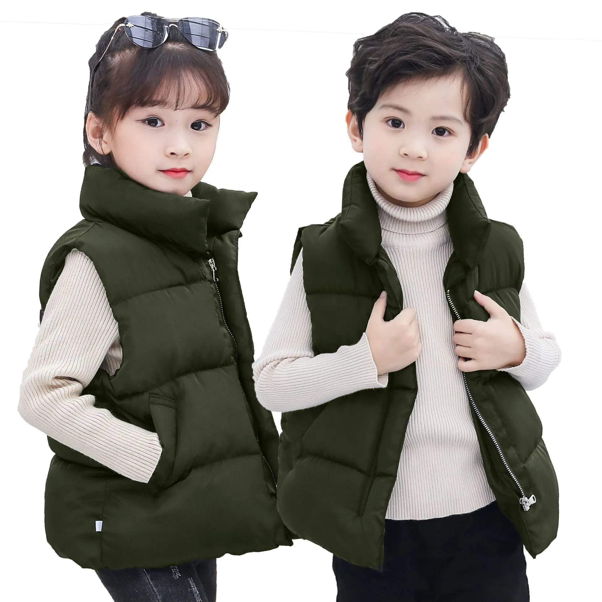 Children's down cotton vest in multicolor, with front closure, on a child, sizes 100-170cm