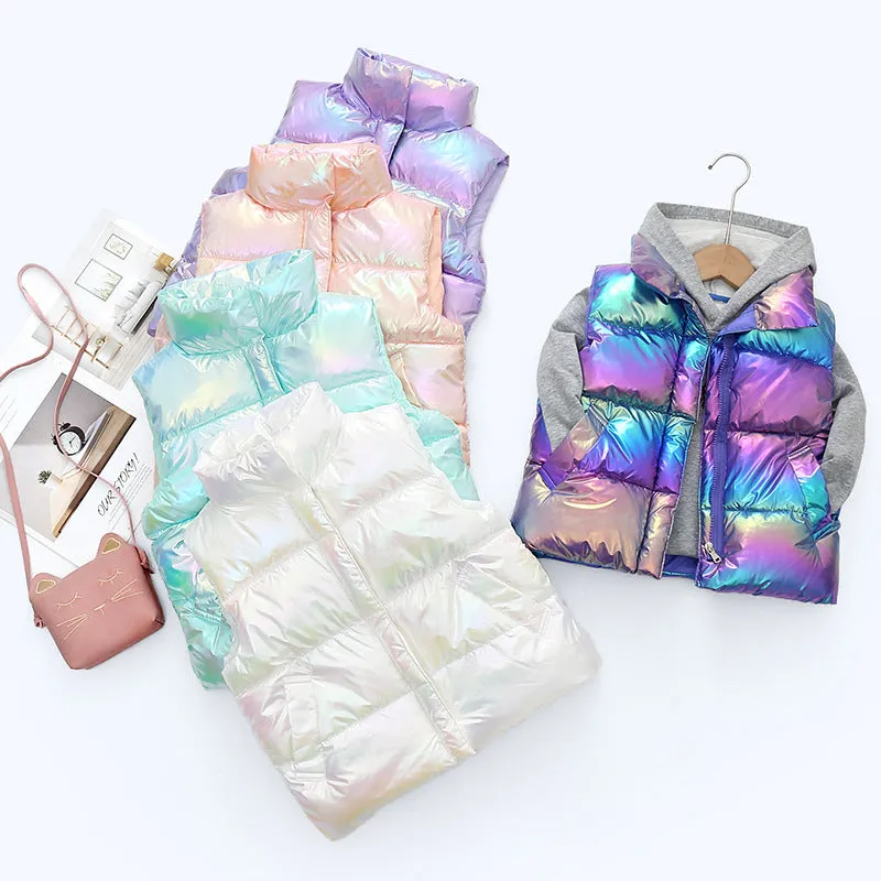 Children's down cotton vest in multicolor, with front closure, on a child, sizes 100-170cm
