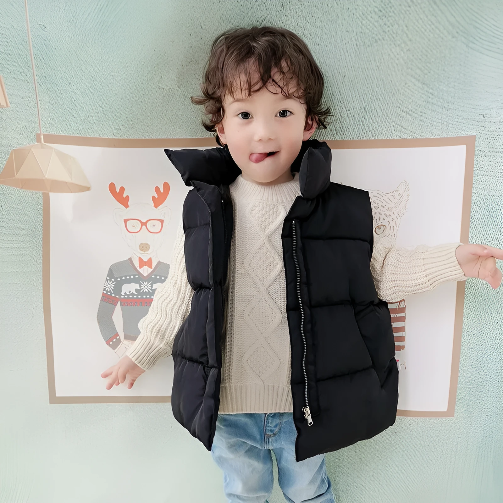 Children's down cotton vest in multicolor, with front closure, on a child, sizes 100-170cm