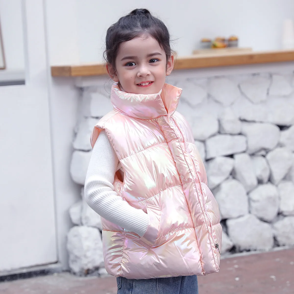 Children's down cotton vest in multicolor, with front closure, on a child, sizes 100-170cm