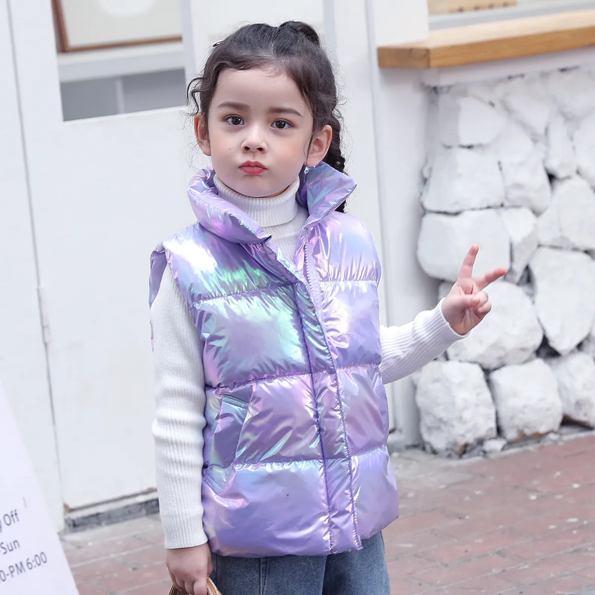 Children's down cotton vest in multicolor, with front closure, on a child, sizes 100-170cm
