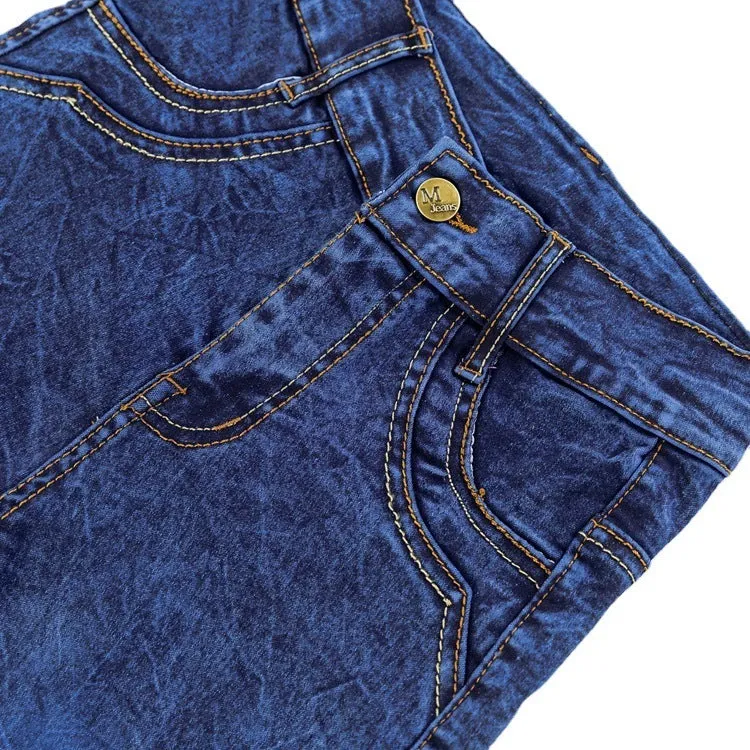 Boys' blue flat stretch slim long jeans on a child model