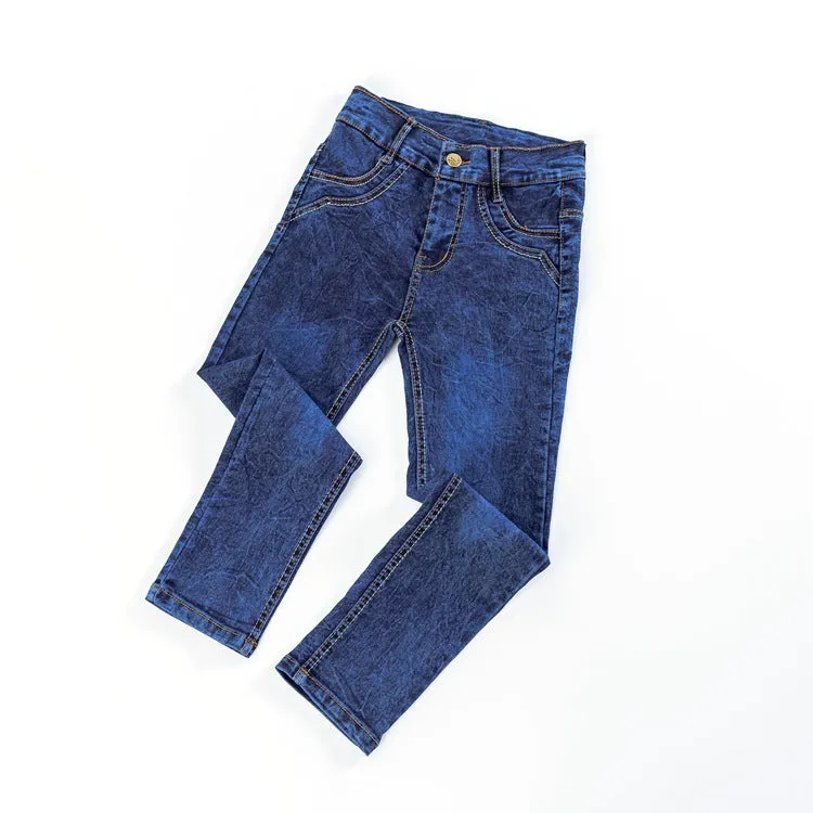 Boys' blue flat stretch slim long jeans on a child model