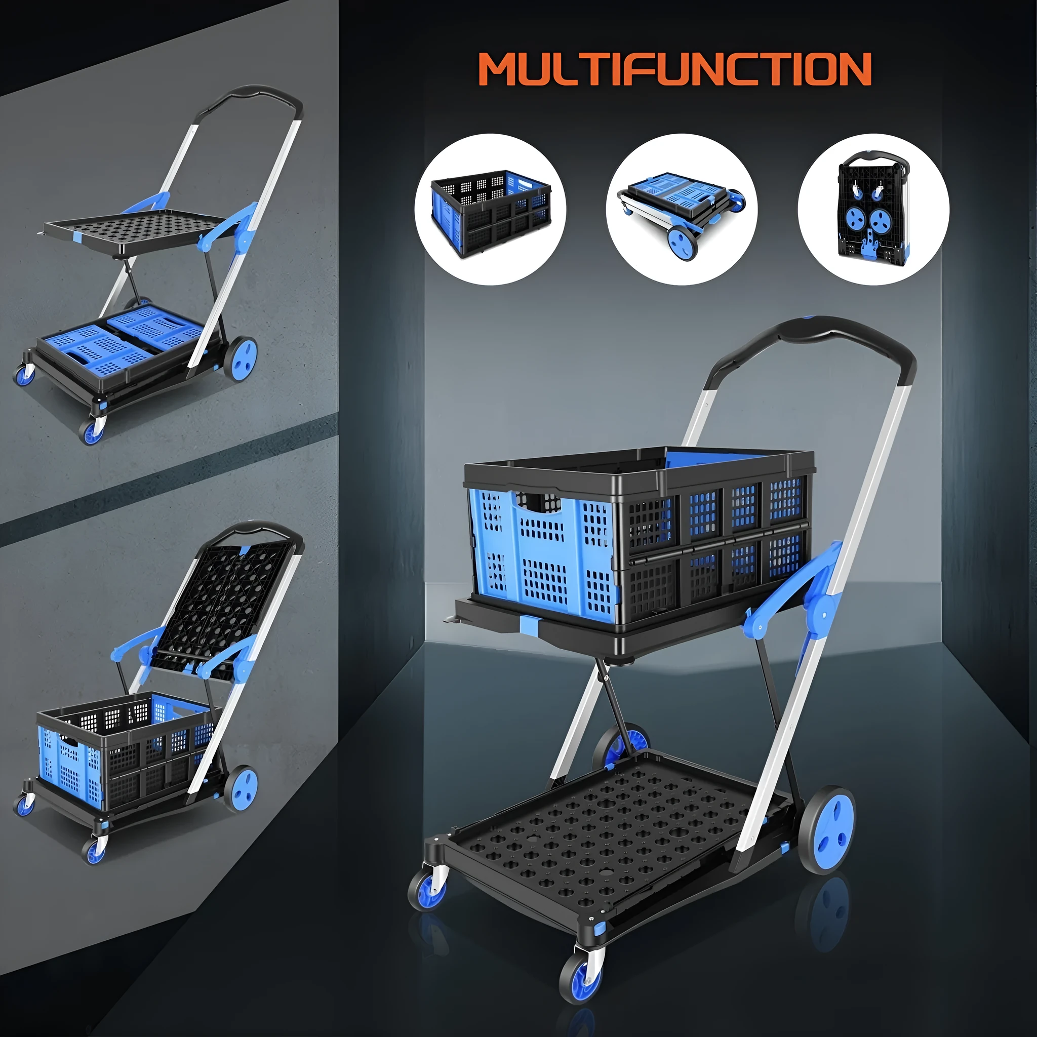 Foldable plastic shopping cart with double layer baskets in blue colour