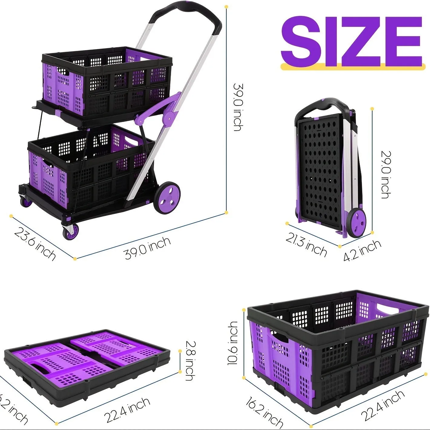 Foldable plastic shopping cart with double layer baskets in blue colour