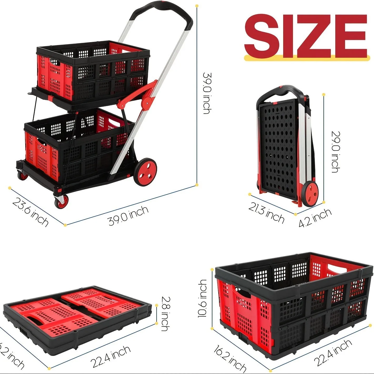 Foldable plastic shopping cart with double layer baskets in blue colour