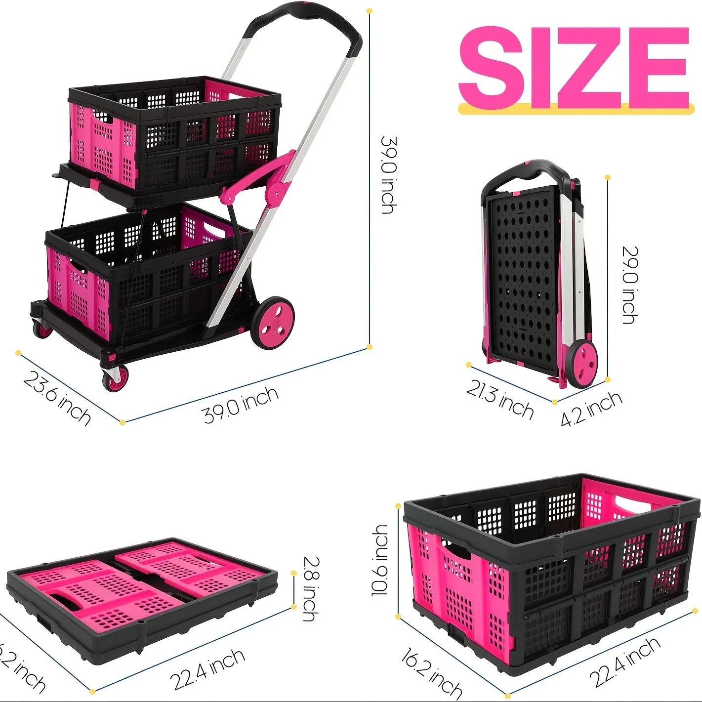 Foldable plastic shopping cart with double layer baskets in blue colour