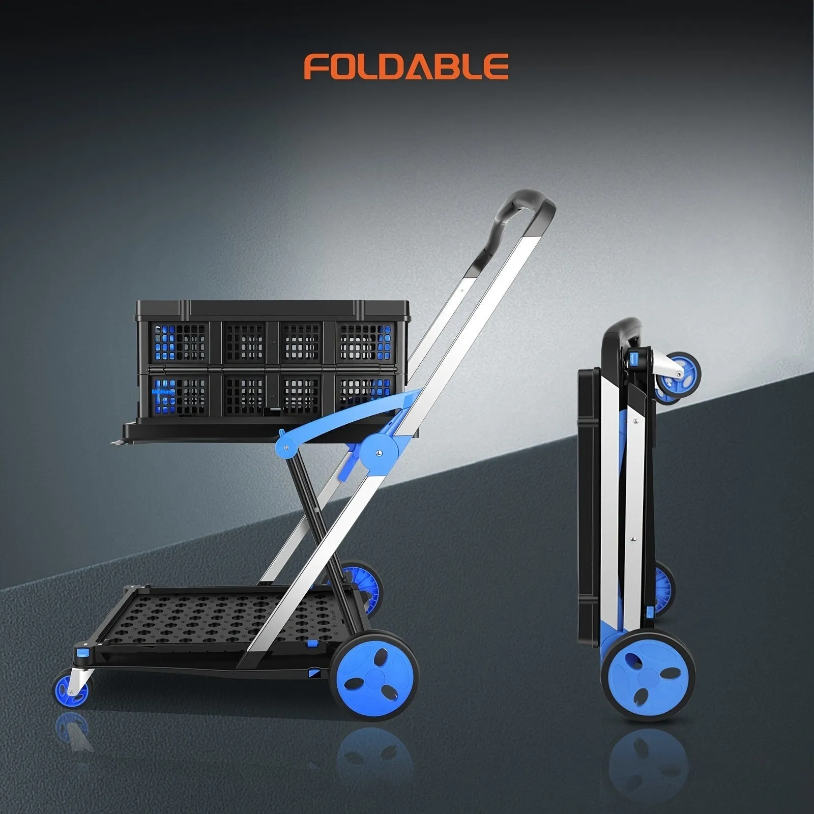 Foldable plastic shopping cart with double layer baskets in blue colour