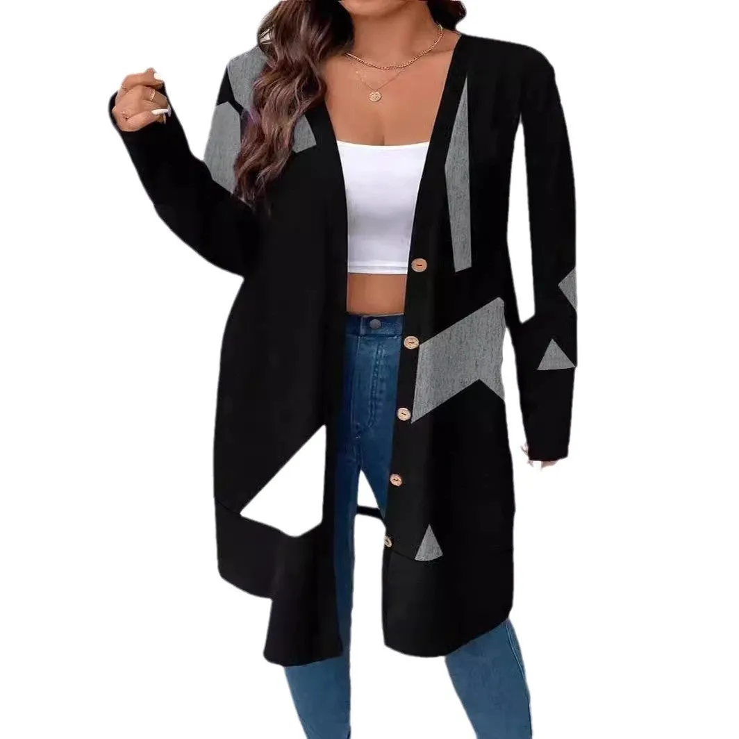 Black plus size casual coat cardigan with button stitching and print design, loose fit with regular sleeves