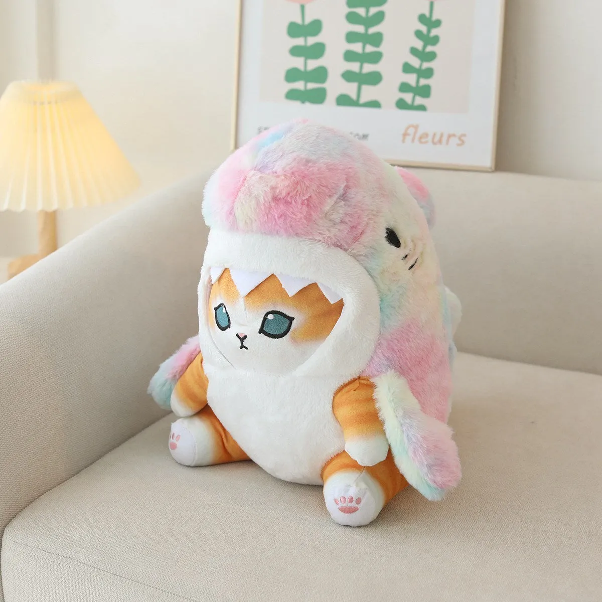 Cartoon shark cat plush doll in grey blue transforming into a doll with PP cotton filling, 33cm height