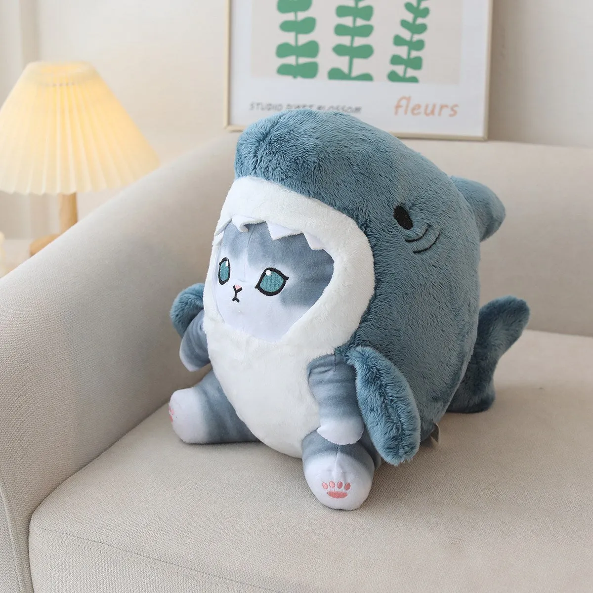 Cartoon shark cat plush doll in grey blue transforming into a doll with PP cotton filling, 33cm height