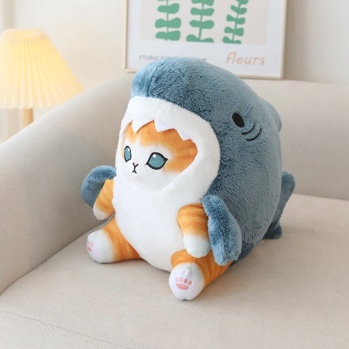 Cartoon shark cat plush doll in grey blue transforming into a doll with PP cotton filling, 33cm height
