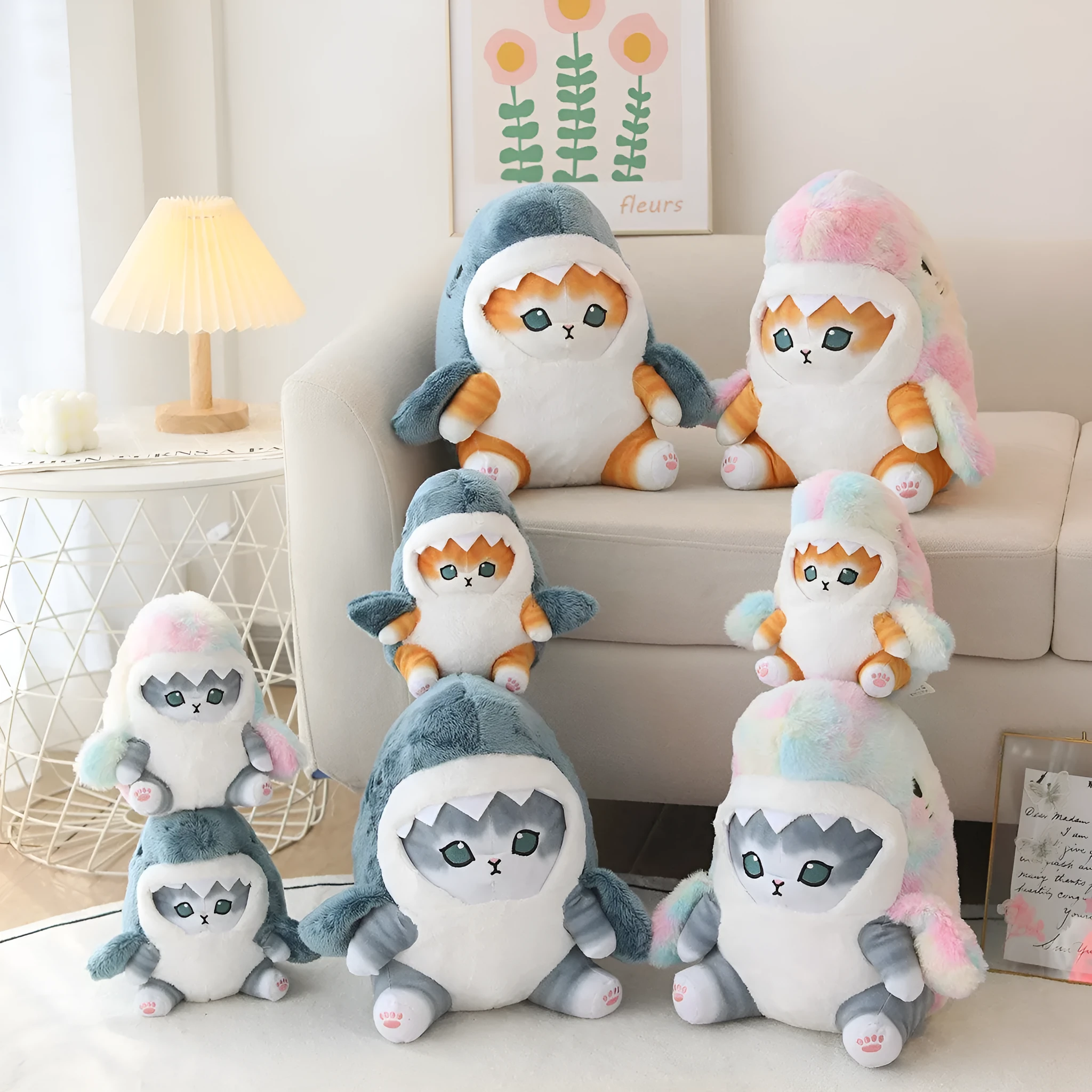Cartoon shark cat plush doll in grey blue transforming into a doll with PP cotton filling, 33cm height
