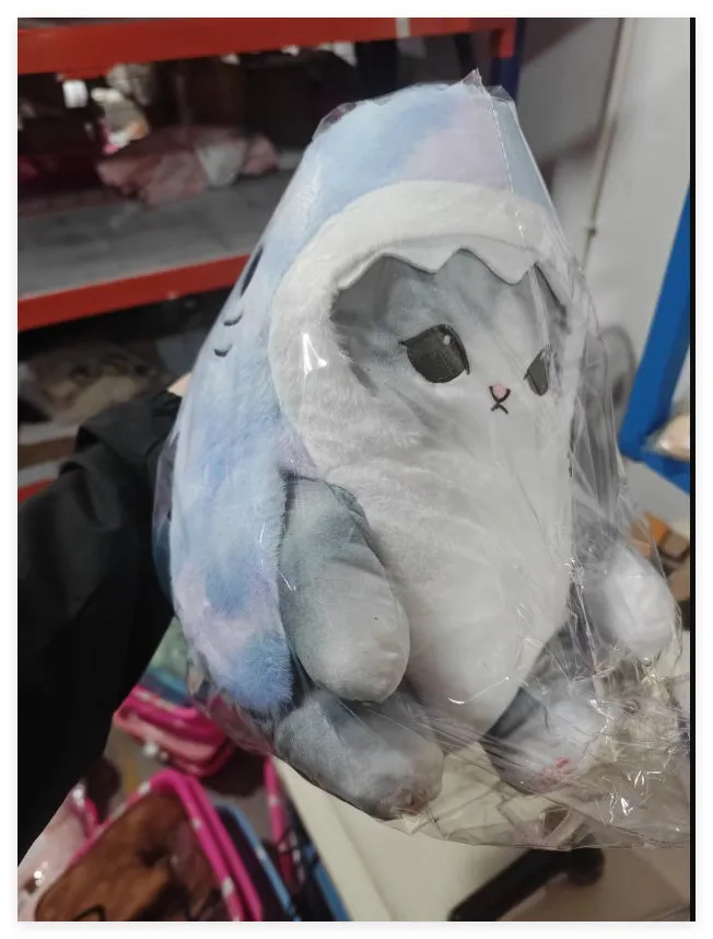 Cartoon shark cat plush doll in grey blue transforming into a doll with PP cotton filling, 33cm height