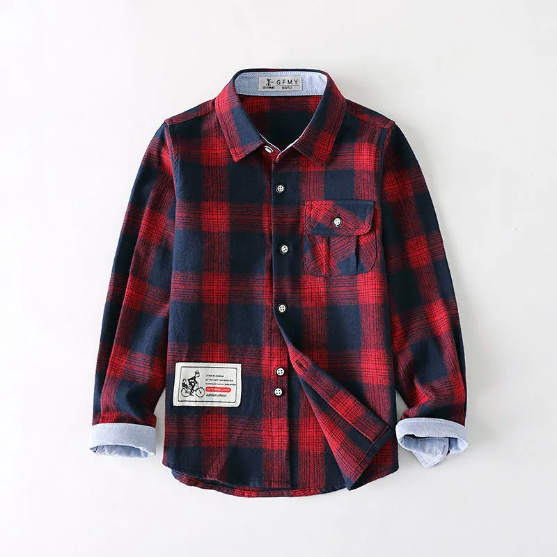 Boys plaid long-sleeve shirt in gingham grid pattern, green colour, flat lay