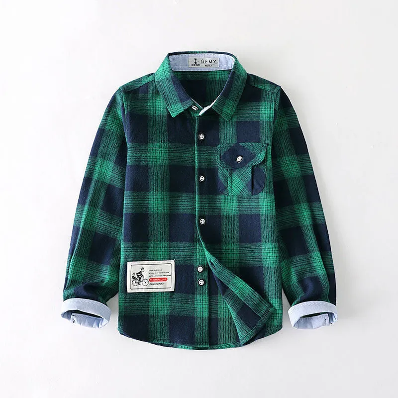 Boys plaid long-sleeve shirt in gingham grid pattern, green colour, flat lay
