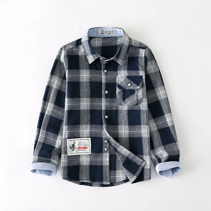 Boys plaid long-sleeve shirt in gingham grid pattern, green colour, flat lay