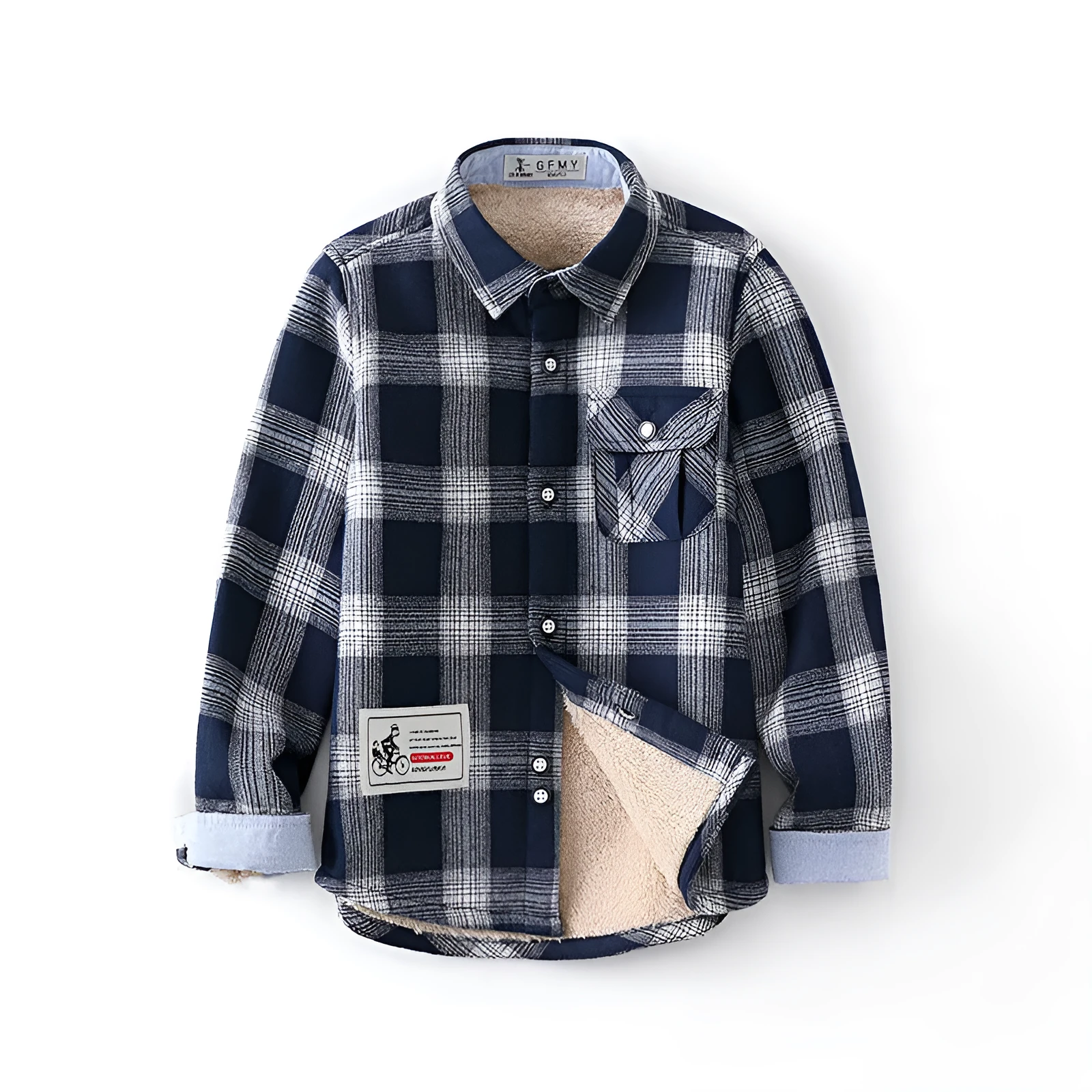 Boys plaid long-sleeve shirt in gingham grid pattern, green colour, flat lay