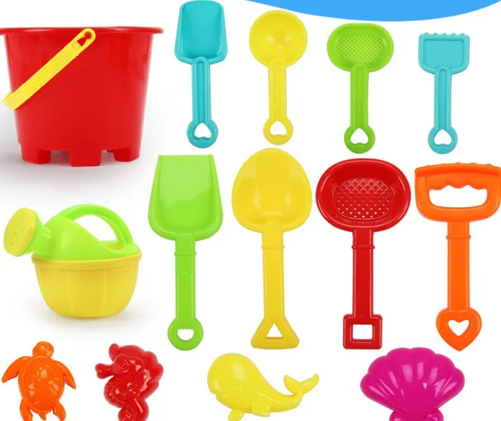 Plastic beach bucket set with sand moulds spade and rake for outdoor sand play