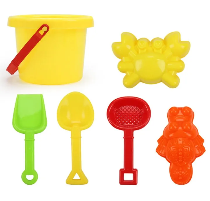 Plastic beach bucket set with sand moulds spade and rake for outdoor sand play