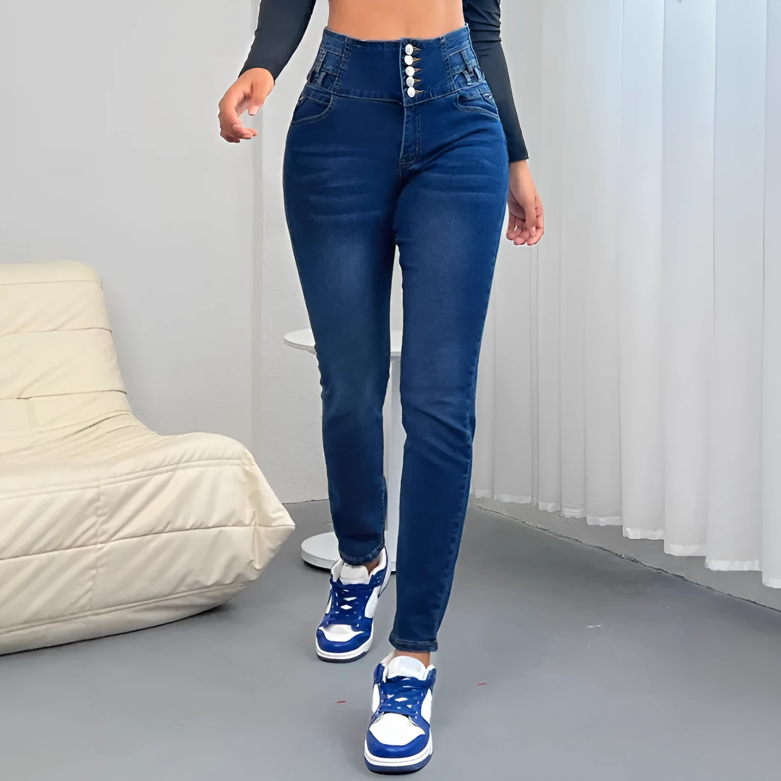 Women's dark blue denim straight-leg trousers with button front closure