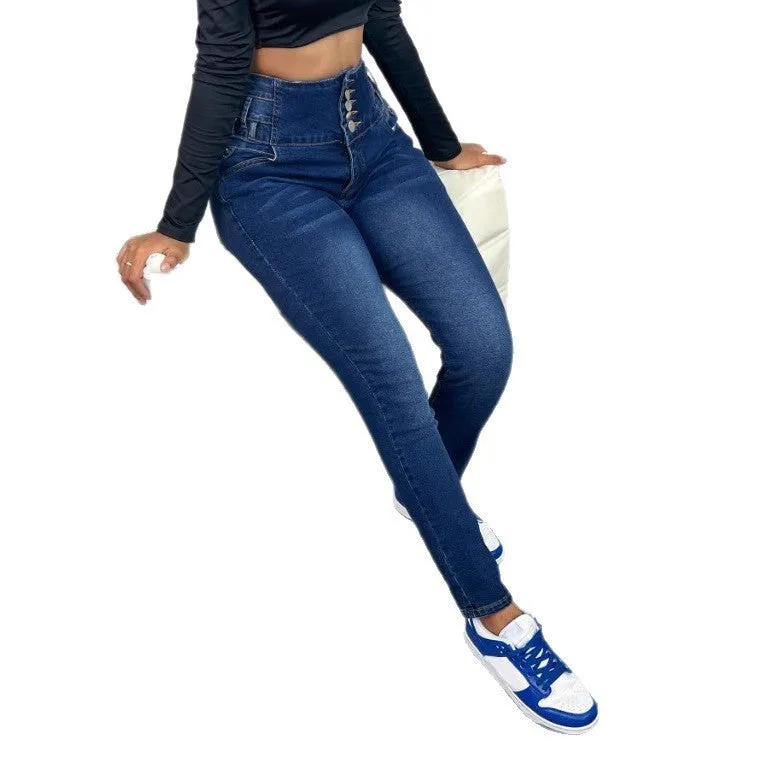 Women's dark blue denim straight-leg trousers with button front closure