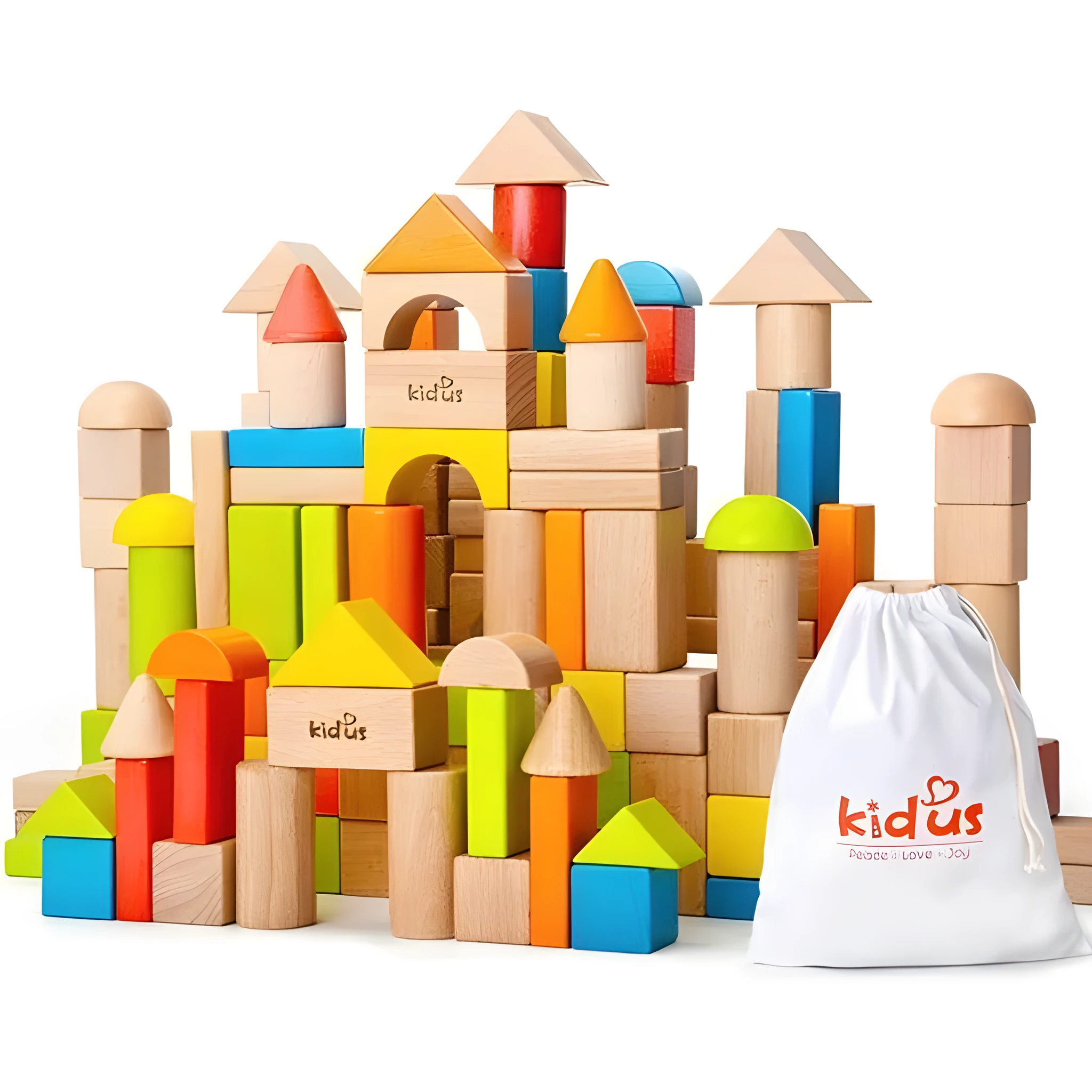 Wooden building blocks set in colour box with 80 beech wood pieces for DIY construction play
