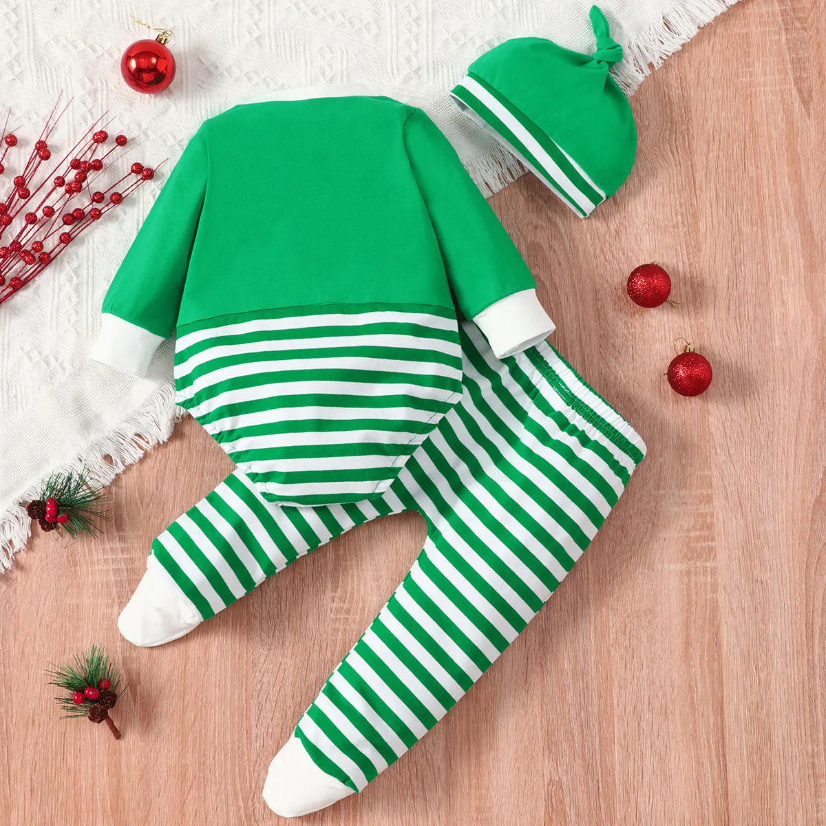 Baby Christmas elk striped hat set 3-piece green red cotton long sleeve top trousers and hat