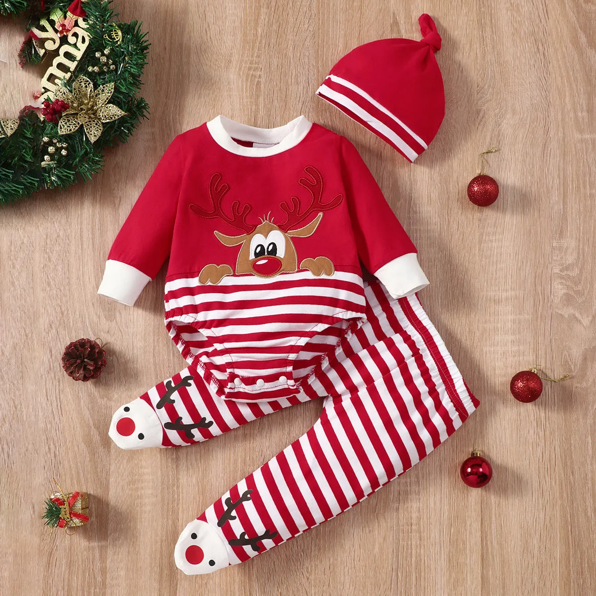 Baby Christmas elk striped hat set 3-piece green red cotton long sleeve top trousers and hat