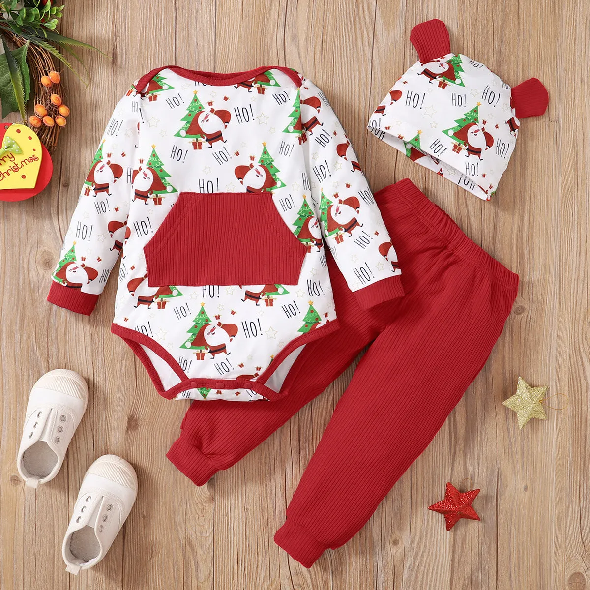 Baby Christmas elk striped hat set 3-piece green red cotton long sleeve top trousers and hat
