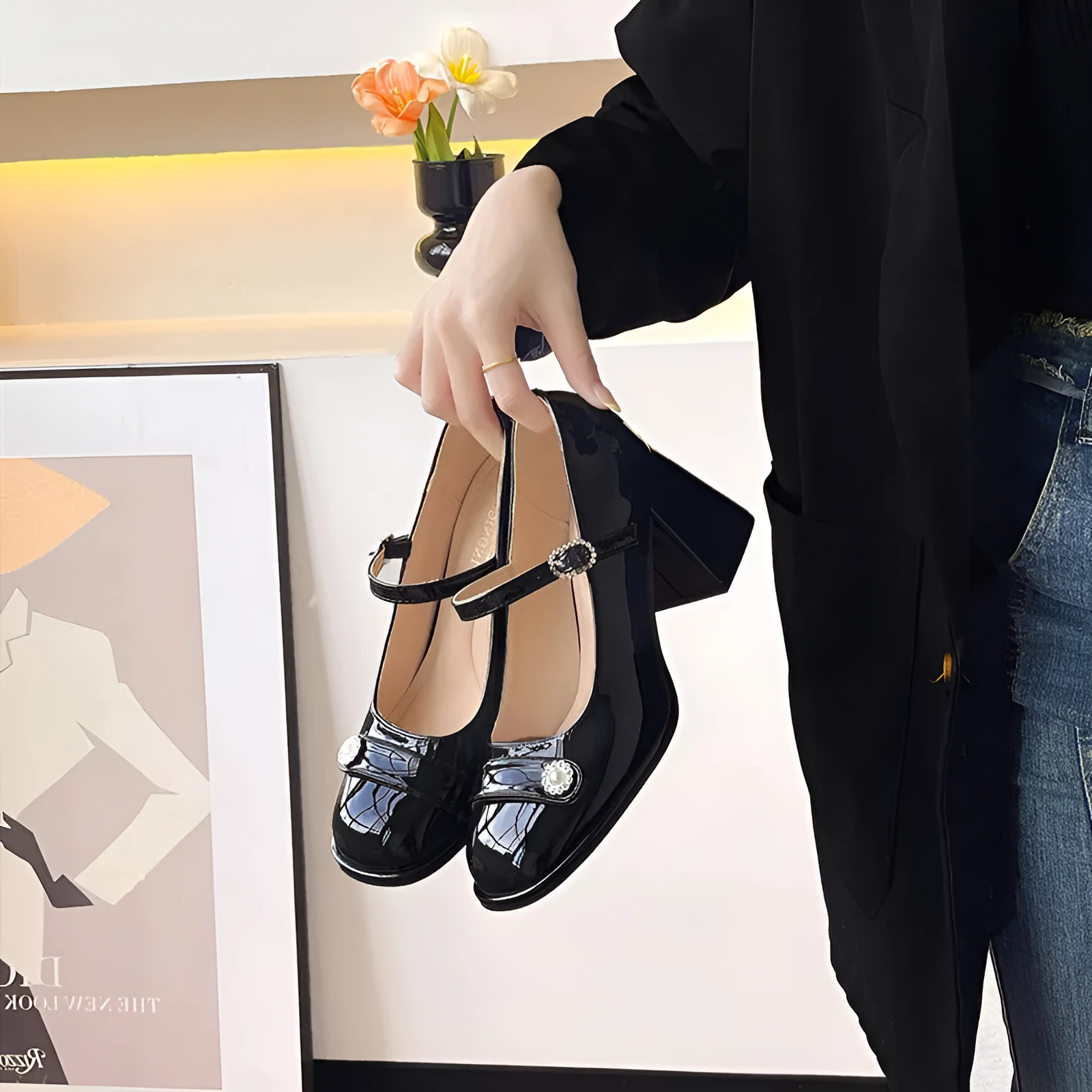 Women's black patent leather chunky heel shoes with round toe and buckle closure for wide feet