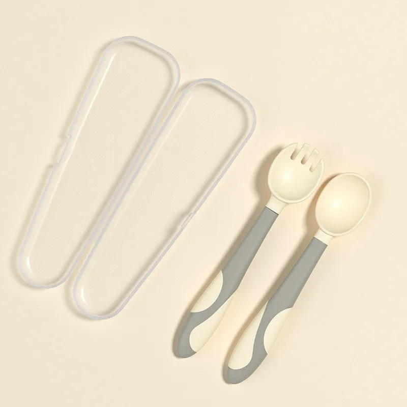 Baby training fork and spoon set with twist design in Blue, made from BPA-free food grade PP and TPE, featuring spoon baffle