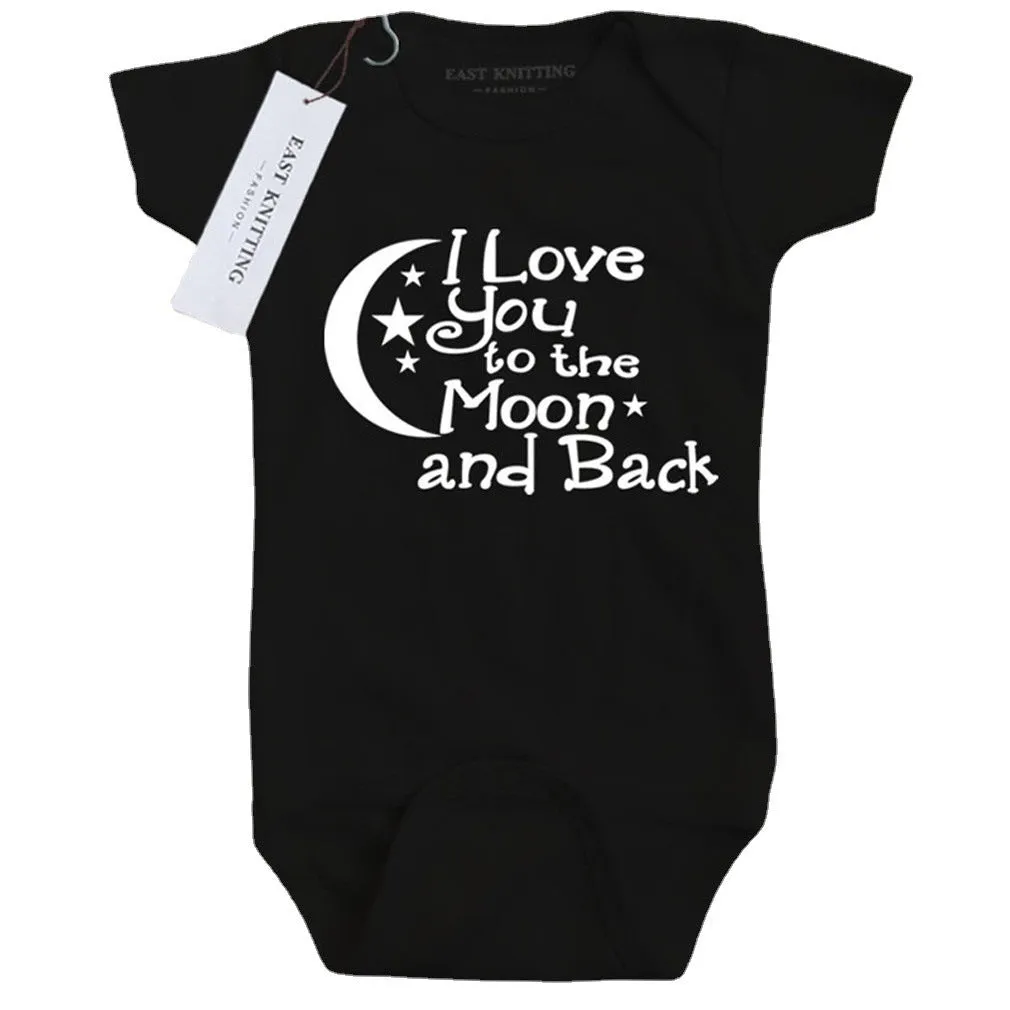 Baby boys black polyester romper with moon, star and letter print, short sleeves, triangle climbing style